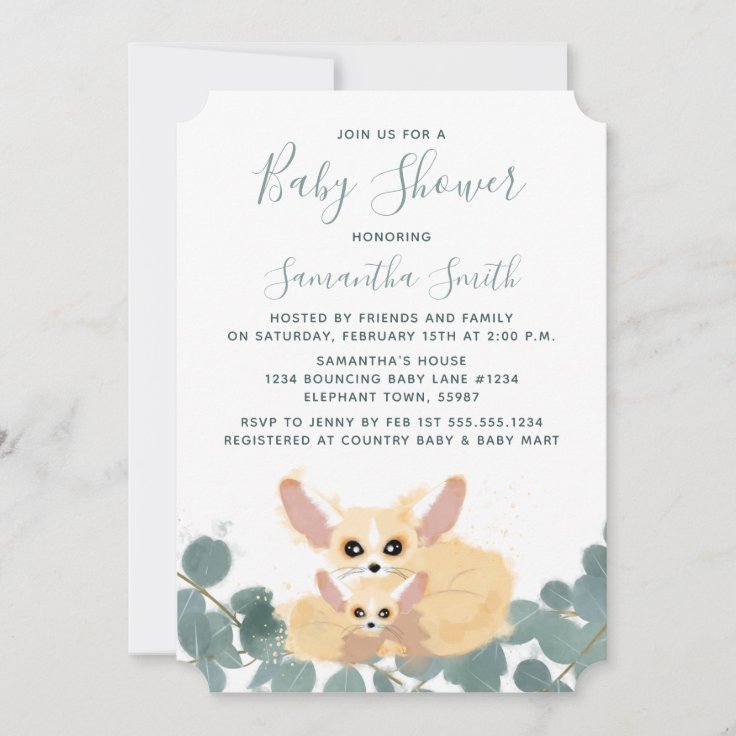 Fennec Fox Baby Shower Watercolor Greenery Invitation | Zazzle