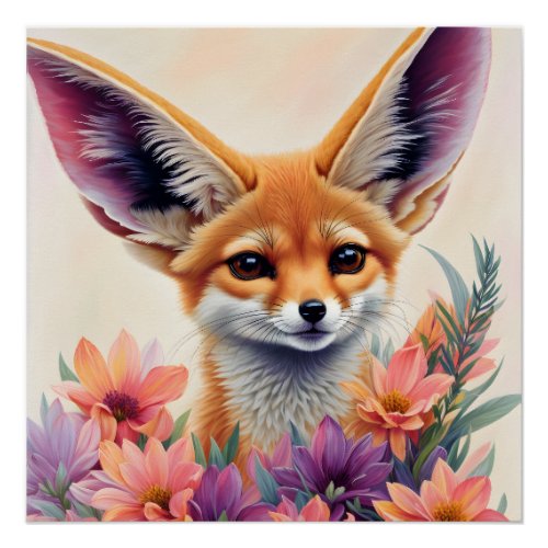 Fennec Fox Floral Portrait Painting Poster