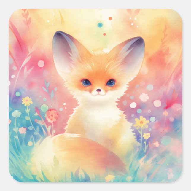 Fennec Fox in a Dreamy Wildflower Field Square Sticker (Front)