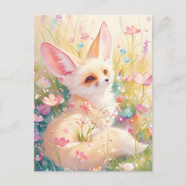 Fennec Fox in Sunny Pink Wildflower Meadow Postcard (Front)
