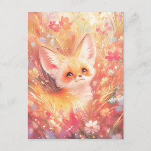 Fennec Fox Peeking Through Pink Wildflower Meadow Postcard