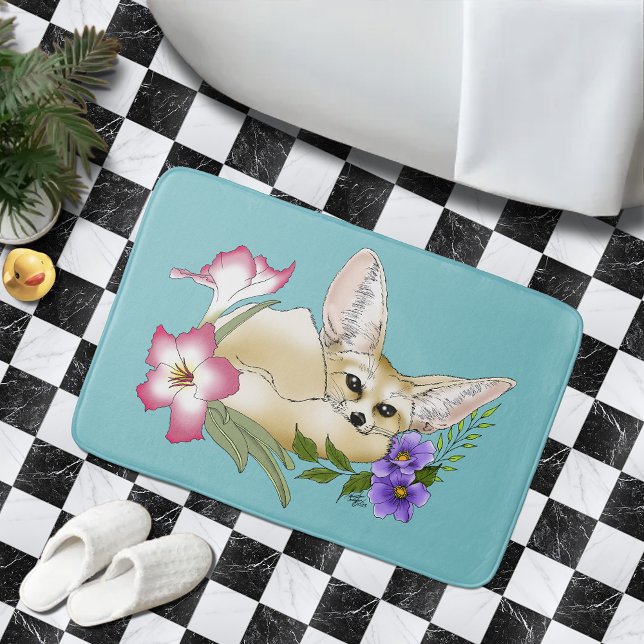 Fennec Fox Pink Flowers Cute Blue Botanical Bath Mat (Creator Uploaded)