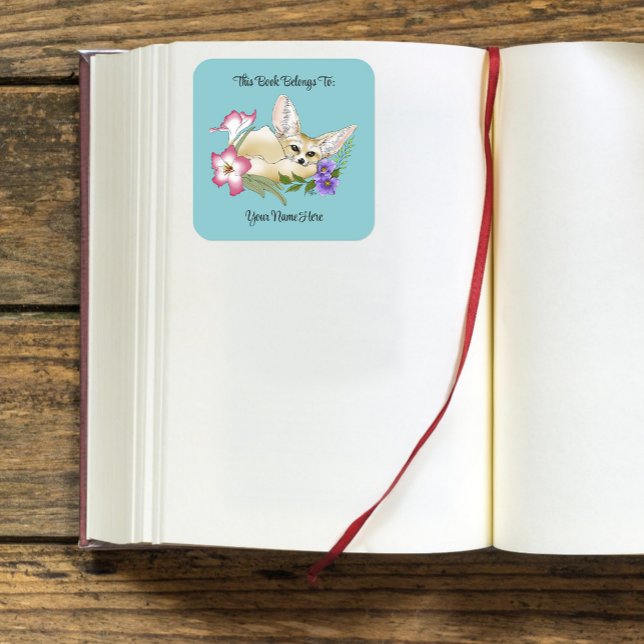 Fennec Fox Pink Purple Flowers Cute Blue Bookplate (Creator Uploaded)