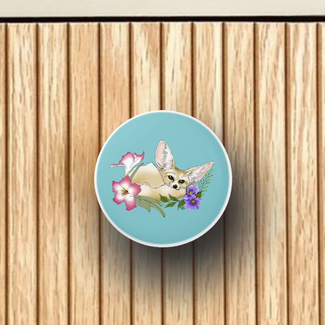 Fennec Fox Pink Purple Flowers Cute Blue Botanical Ceramic Knob (Creator Uploaded)