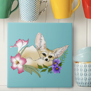 Fennec Fox Pink Purple Flowers Cute Blue Botanical Ceramic Tile