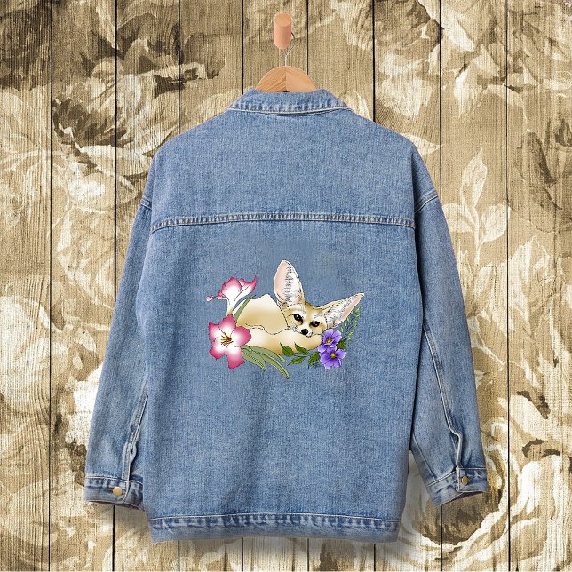 Fennec Fox Pink Purple Flowers Cute Blue Botanical Denim Jacket (Creator Uploaded)
