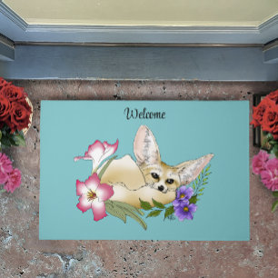 Fennec Fox Pink Purple Flowers Cute Blue Botanical Doormat