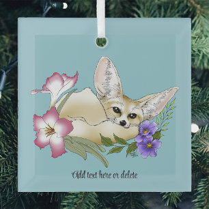 Fennec Fox Pink Purple Flowers Cute Blue Botanical Glass Ornament