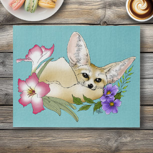 Fennec Fox Pink Purple Flowers Cute Blue Botanical Jigsaw Puzzle