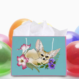 Fennec Fox Pink Purple Flowers Cute Blue Botanical Large Gift Bag