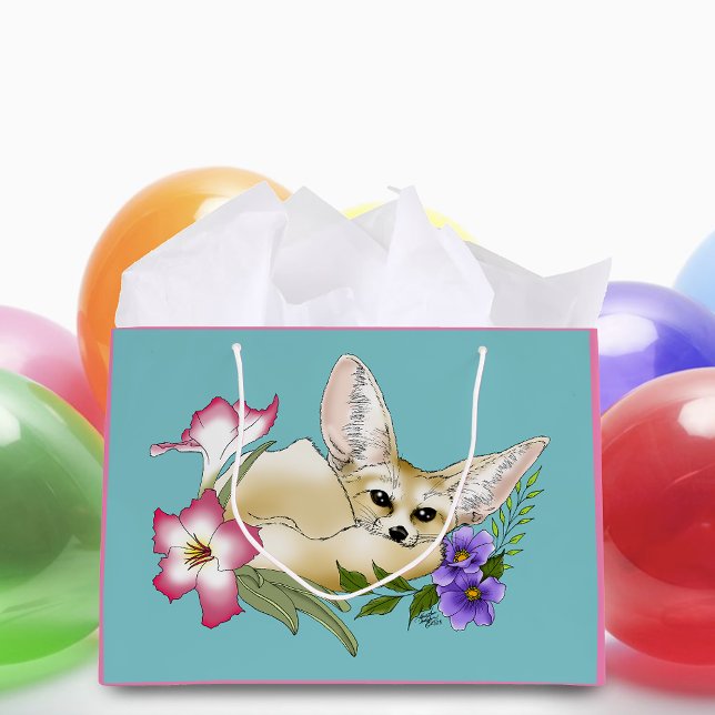 Fennec Fox Pink Purple Flowers Cute Blue Botanical Large Gift Bag (Creator Uploaded)