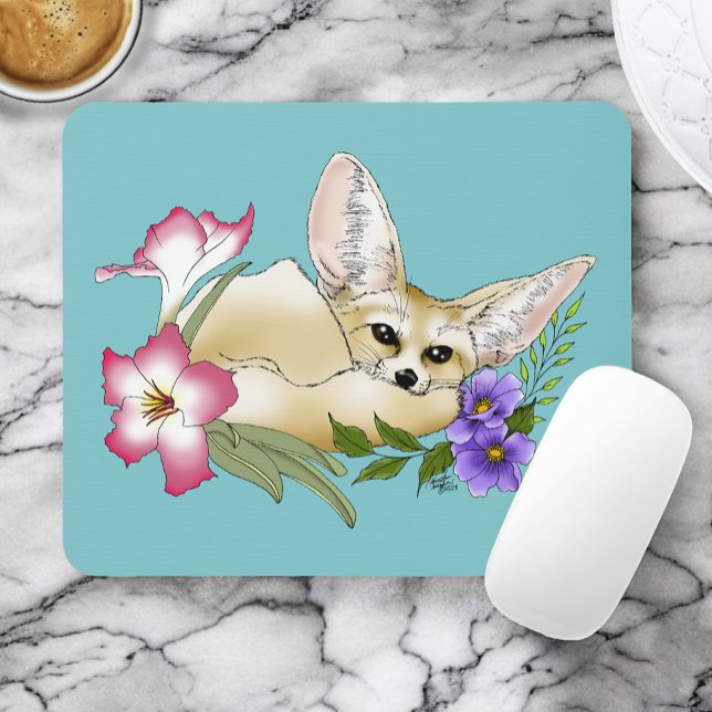 Fennec Fox Pink Purple Flowers Cute Blue Botanical Mouse Pad (Creator Uploaded)