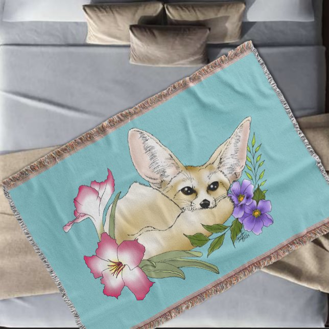Fennec Fox Pink Purple Flowers Cute Blue Botanical Throw Blanket (Creator Uploaded)