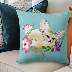 Fennec Fox Pink Purple Flowers Cute Blue Botanical Throw Pillow