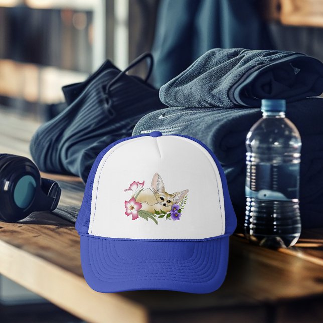 Fennec Fox Pink Purple Flowers Cute Blue Botanical Trucker Hat (Creator Uploaded)