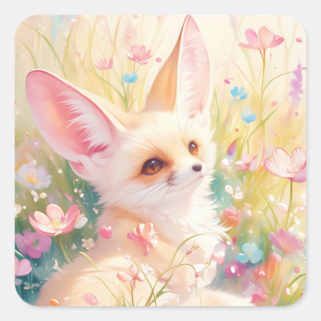 Fennec Fox Resting in a Blooming Meadow Square Sticker (Front)