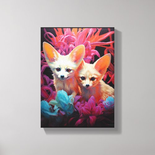 Fennec Siblings in Flower Bed Canvas Print