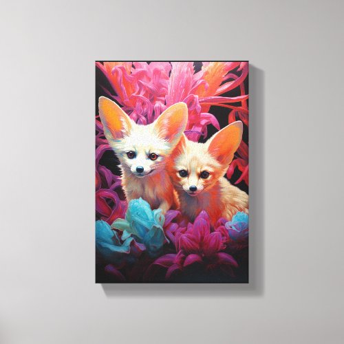 Fennec Siblings in Flower Bed Canvas Print