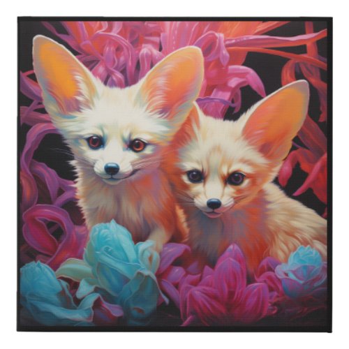 Fennec Siblings in Flower Bed Faux Canvas Print