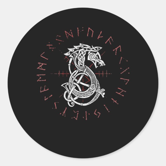 Fenrir Wolf Of Odin Celtic Norse Runes Distressed Classic Round Sticker (Front)