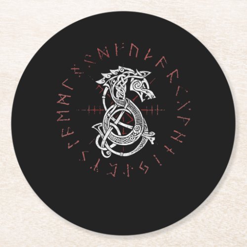 Fenrir Wolf Of Odin Celtic Norse Runes Distressed Round Paper Coaster