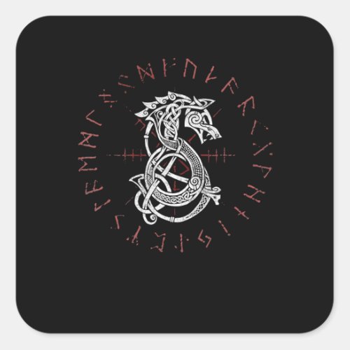 Fenrir Wolf Of Odin Celtic Norse Runes Distressed Square Sticker