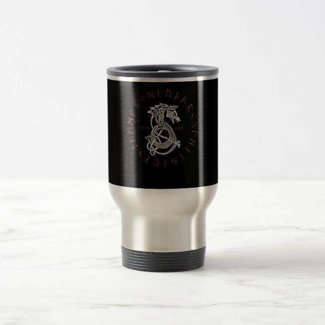 Fenrir Wolf Of Odin Celtic Norse Runes Distressed Travel Mug (Center)