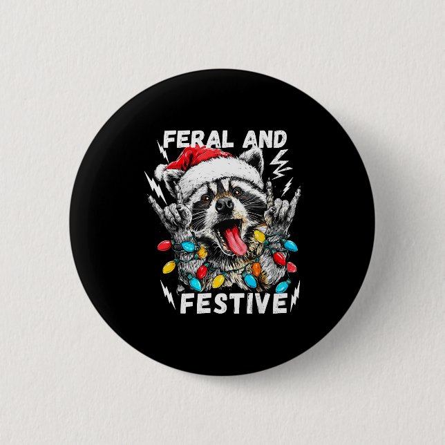 Feral And Festive Funny Christmas Rocker Raccoon S Button (Front)