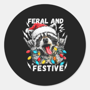 Feral And Festive Funny Christmas Rocker Raccoon S Classic Round Sticker