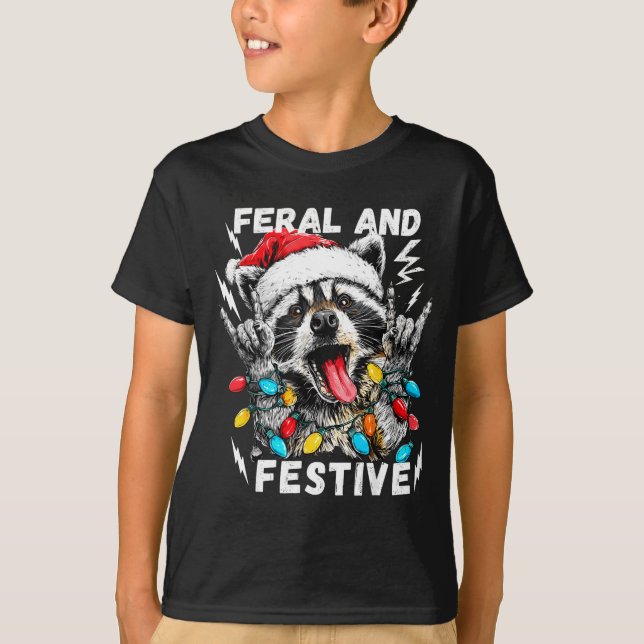 Feral And Festive Funny Christmas Rocker Raccoon S T-Shirt (Front)