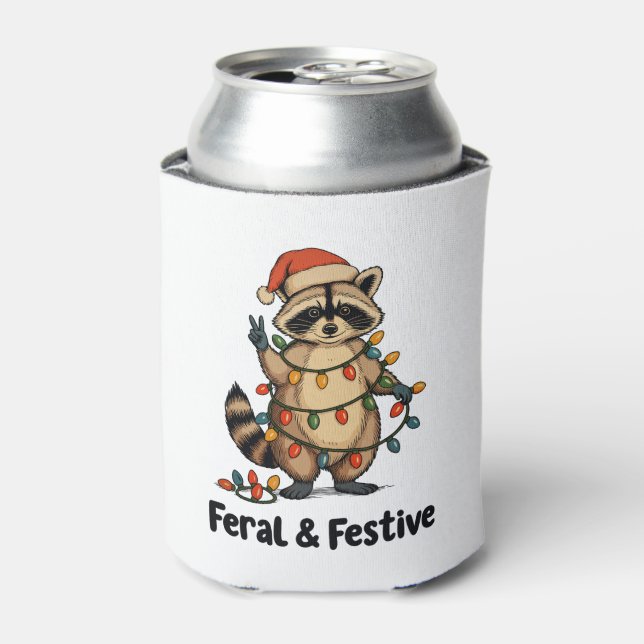 Feral And Festive Raccoon Christmas Xmas Lights Can Cooler (Can Front)
