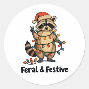 Feral And Festive Raccoon Christmas Xmas Lights Classic Round Sticker