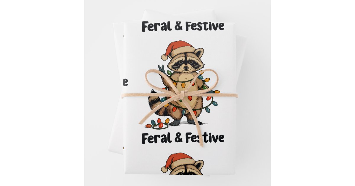 Feral And Festive Raccoon Christmas Xmas Lights Wrapping Paper Sheets ...