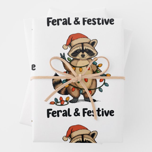 Feral And Festive Raccoon Christmas Xmas Lights Wrapping Paper Sheets (In situ)