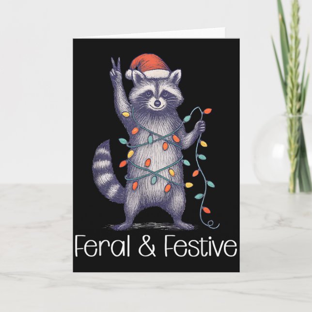 Feral And Festive Raccoon, Funny Christmas  Card (Front)