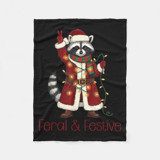 Feral And Festive Raccoon Funny Christmas  Fleece Blanket (Front)