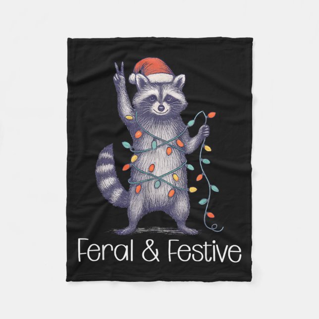 Feral And Festive Raccoon, Funny Christmas  Fleece Blanket (Front)