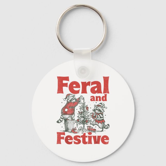 Feral And Festive Raccoon Santa Christmas Holiday  Keychain (Front)