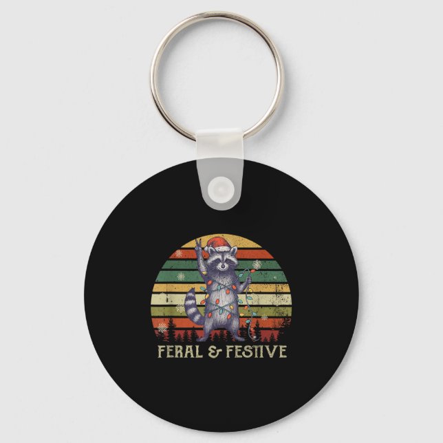 Feral And Festive Raccoon Santa Christmas Holiday  Keychain (Front)