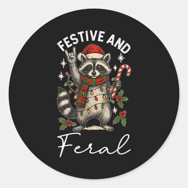 Feral And Festive Raccoon Santa Hat Christmas Ligh Classic Round Sticker (Front)