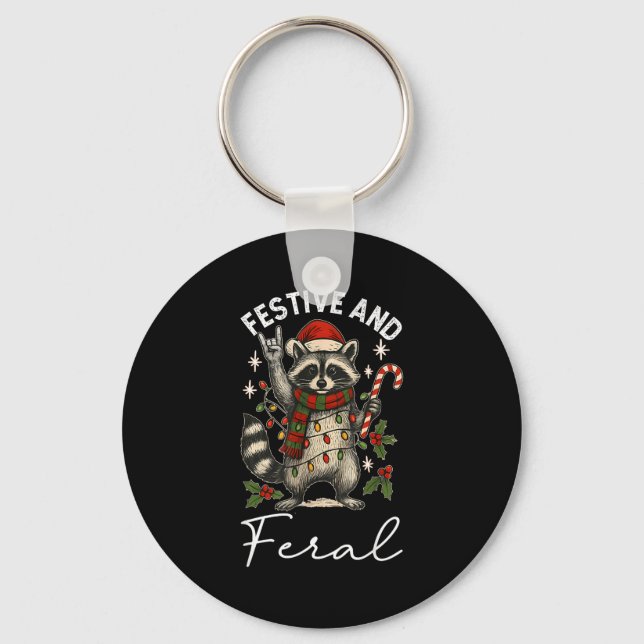Feral And Festive Raccoon Santa Hat Christmas Ligh Keychain (Front)