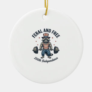 Feral and Free Patriotic Raccoon Weightlifting Shi Ceramic Ornament