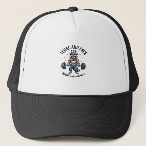 Feral and Free Patriotic Raccoon Weightlifting Shi Trucker Hat
