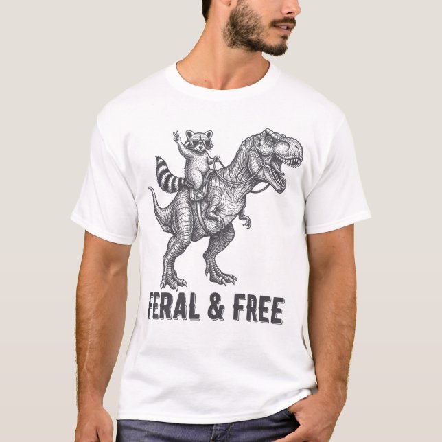 Feral and Free Raccoon Riding a T-Rex Funny Retro T-Shirt (Front)