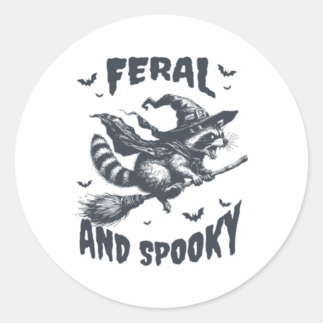 Feral And Spooky Raccoon Witch Hat Halloween Funny Classic Round Sticker (Front)