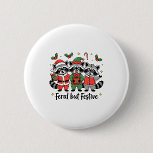 Feral But Festive Funny Christmas Cute Raccoon Elf Button