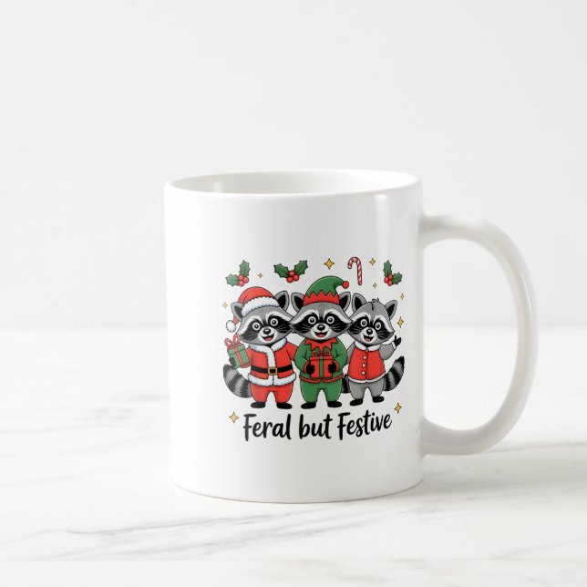 Feral But Festive Funny Christmas Cute Raccoon Elf Coffee Mug (Right)