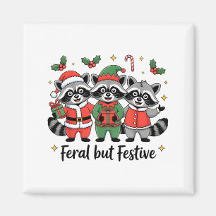 Feral But Festive Funny Christmas Cute Raccoon Elf Magnet