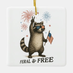 Feral But Free Fireworks Feral Raccoon 4th Of July Ceramic Ornament