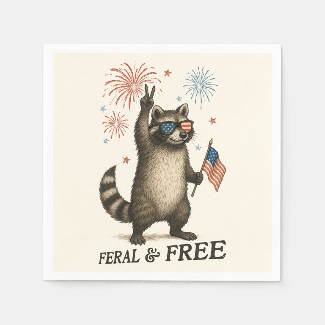 Feral But Free Fireworks Feral Raccoon 4th Of July Napkins (Front)